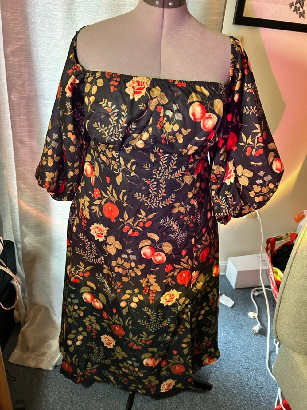 Cider Black One-Shoulder Midi Dress with Red and Gold Floral Print - Picture 4 of 4